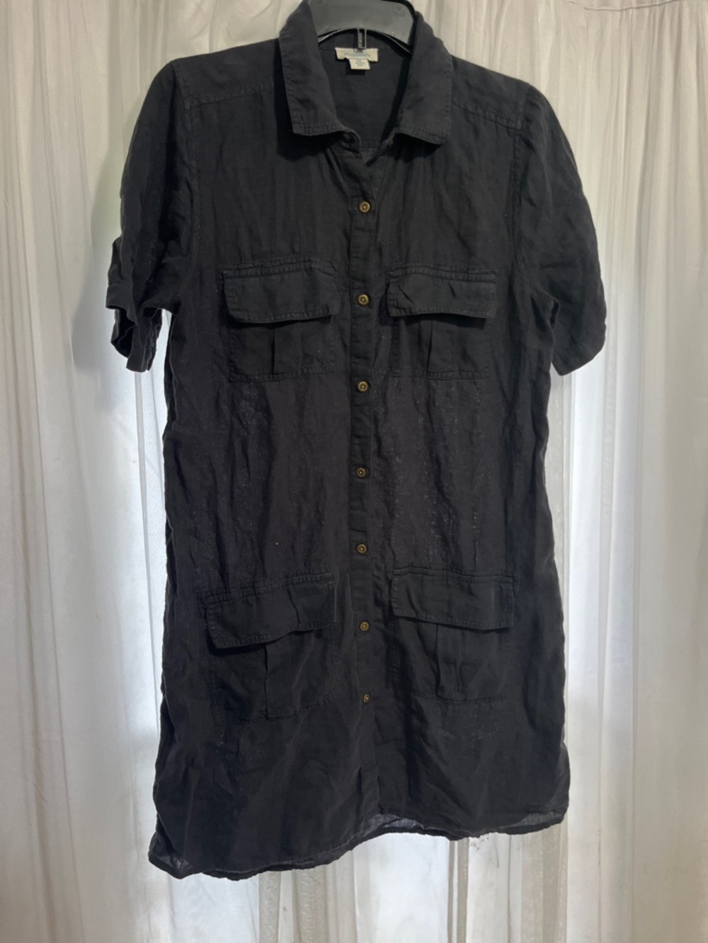 100% linen midi Sundance Black Casual Button-Front Shirt Dress natural light
